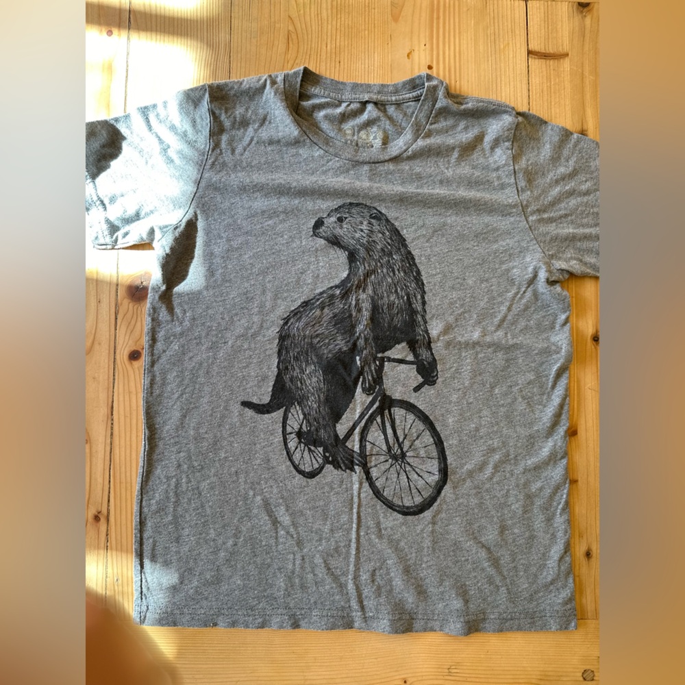 Gray Graphic T-Shirt with Otter on Bicycle